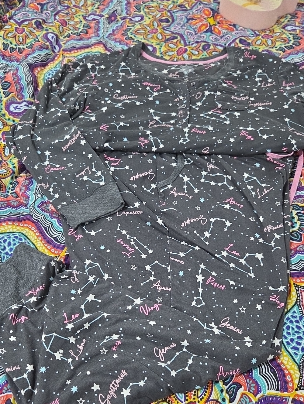 Cuddl Duds Gray Constellation Pajama Set with Pink Accents